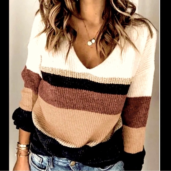 Sexy V-Neck Rib Kni knitted Long Sleeve Different Color Striped Sweater - Picture 2 of 4